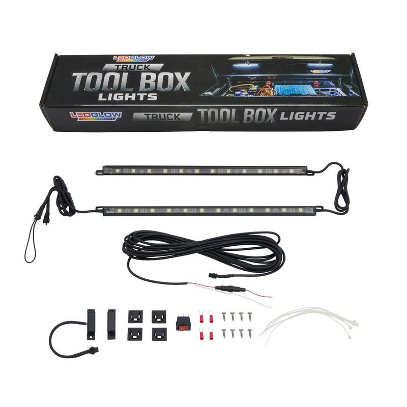 LEDGlow 2pc White Truck Tool Box LED Lighting Kit for Work & Utility Trucks - Universal - 12" Tubes Install Inside The Lid & Shine Down on Tools - Includes Magnetic Power Switch for Automatic On/Off - Image 1